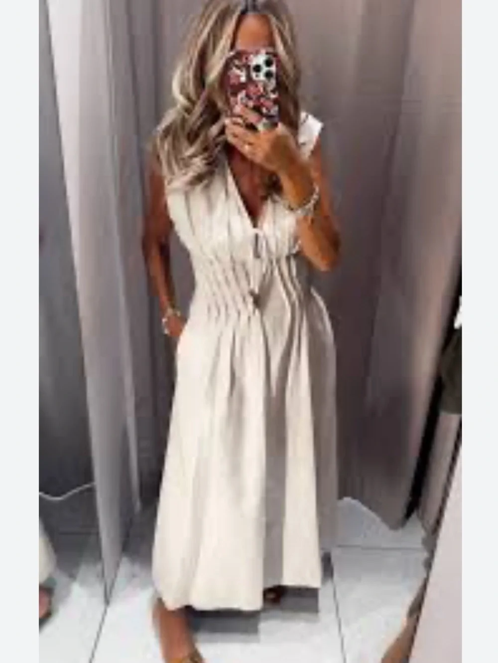 Zara light beige pleated linen midi dress